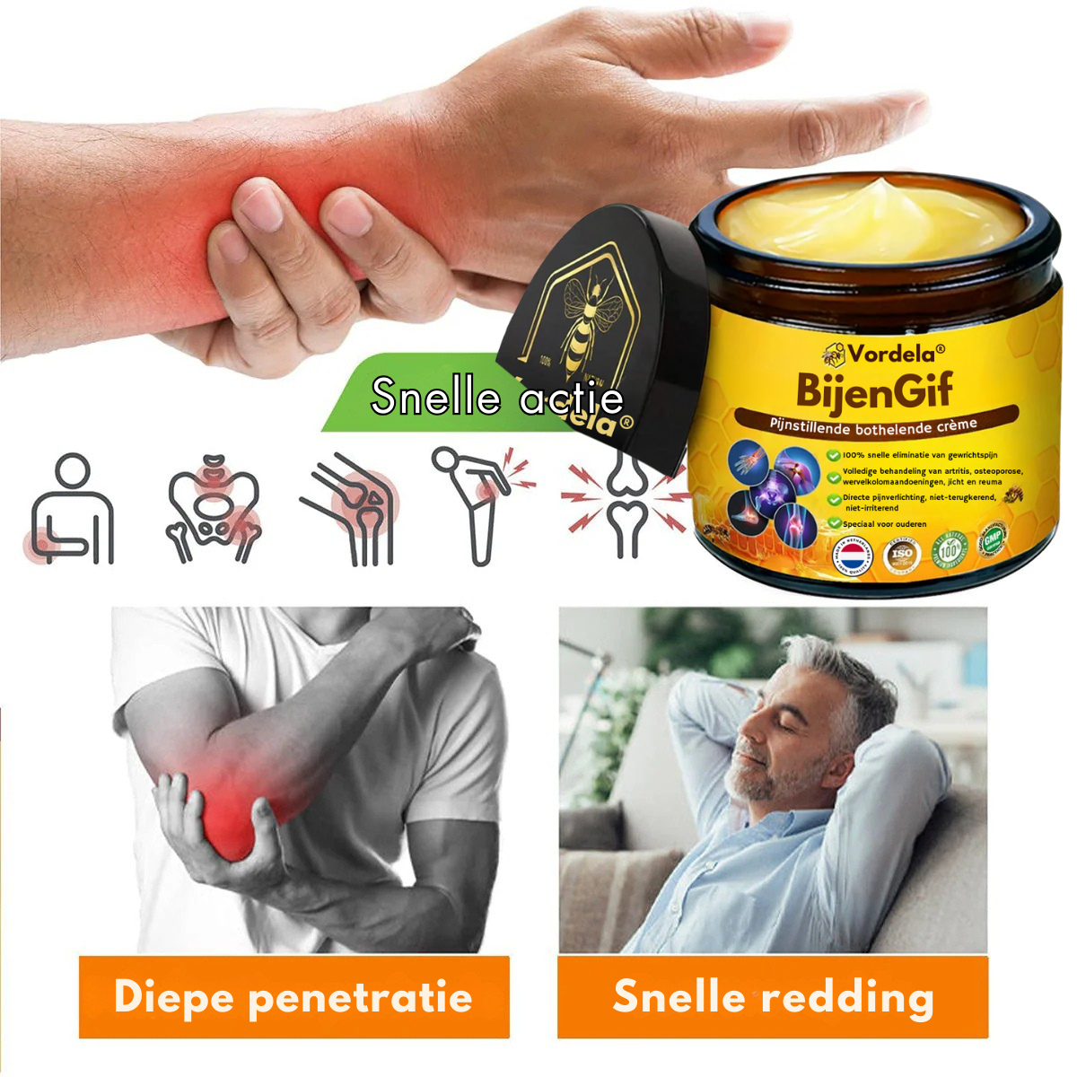 Gemaakt✨ en verzonden vanuit Nederland | ✅ Officiële winkel Vordela® Bijengif Pijnverlichtende Crème 🐝 🔥 Speciaal voor ouderen & aanbevolen door orthopeden